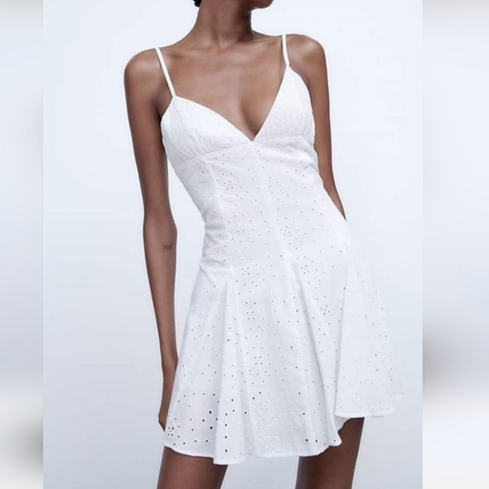 Zara embroidered eyelet jumpsuit dress L white